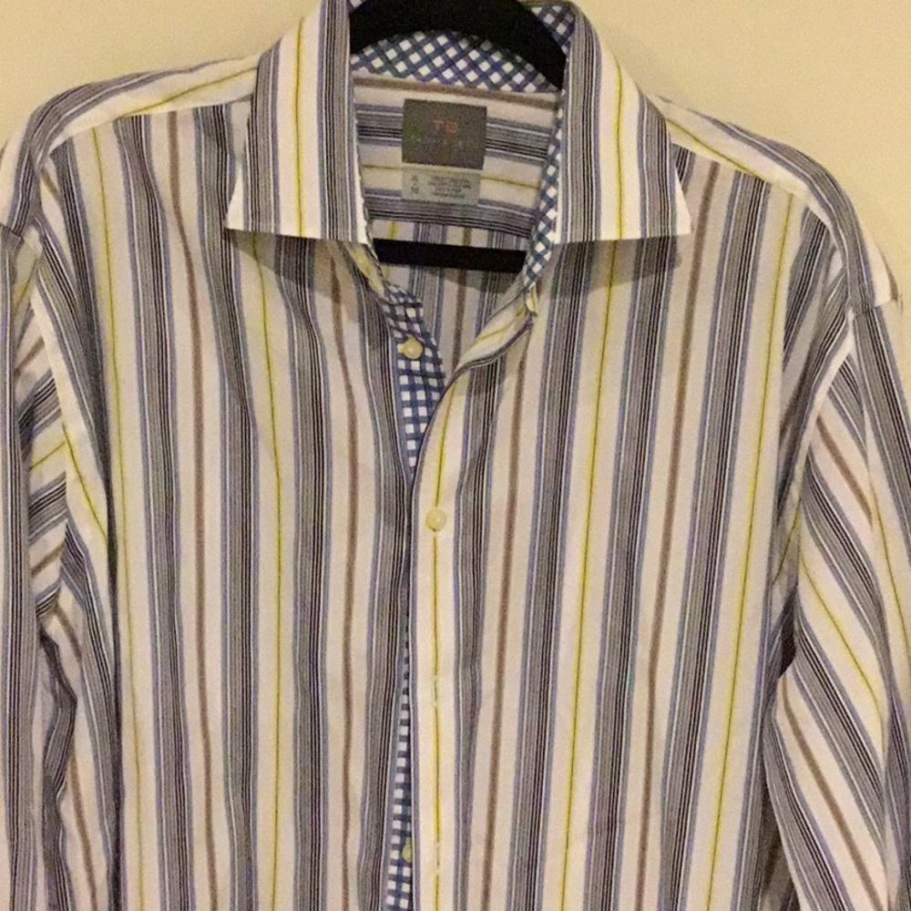 Thomas Dean Men’s LS Shirt White Striped Large